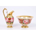 Early 19th century Worcester miniature gilt ground ewer and basin with polychrome rose and floral