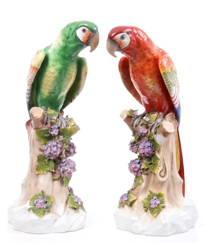 Pair large late 19th century German porcelain Macaw parrots with polychrome decoration,