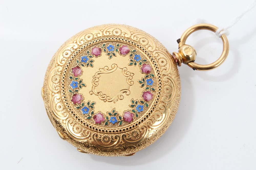 Late 19th century Swiss gold (18k) fob watch with pink and blue enamelled flowers to back of case, - Image 2 of 4