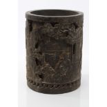 Chinese Qing period bronze brush pot with continuous figure and landscape decoration and seal mark