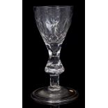 Fine Georgian wine glass with cut ovoid bowl on teared and cut drop knop stem on conical folded