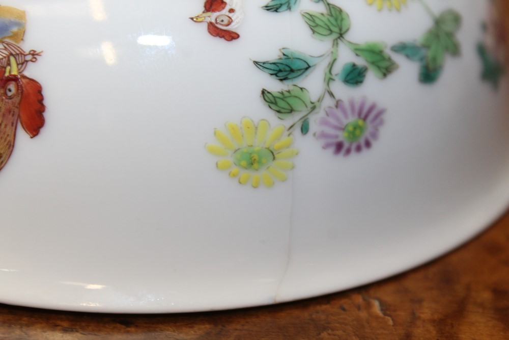 Fine 18th century Chinese 'chicken' bowl with polychrome painted cockerel eating an insect and hen - Image 10 of 17