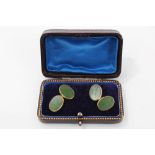 Pair gold (9ct) cufflinks with green stone / glass oval panels,
