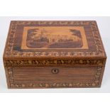 Good 19th century Tunbridgeware box, the hinged lid centred by inlaid scene of Osborne House,
