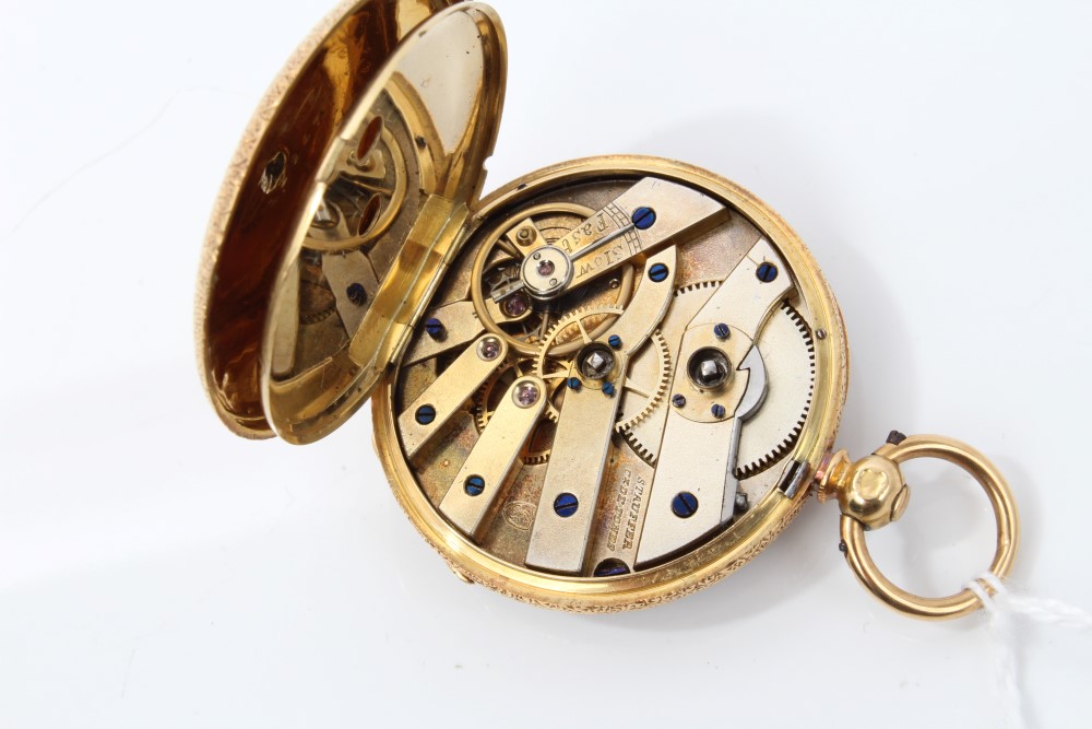 Late 19th century Swiss gold (18k) fob watch with pink and blue enamelled flowers to back of case, - Image 4 of 4