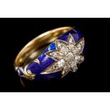 Victorian diamond and blue enamel ring of bombe form,