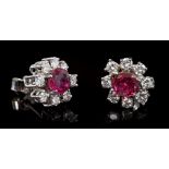 Pair of ruby and diamond cluster earrings,