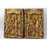 Pair of Chinese red and gilt lacquered panels, each finely pierced and placed in a temple,