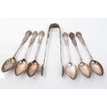 Set of six Victorian Scottish silver Grecian hourglass pattern teaspoons and matching sugar tongs