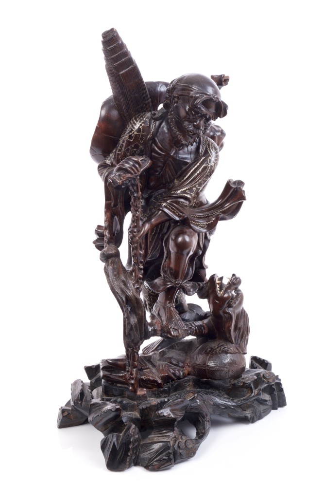 Late 19th century Chinese carved hardwood figure of a peasant with dog with white metal wire inlay - Image 3 of 6