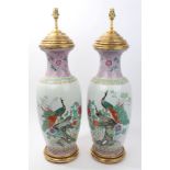 Large pair of Chinese porcelain table lamps of baluster form,