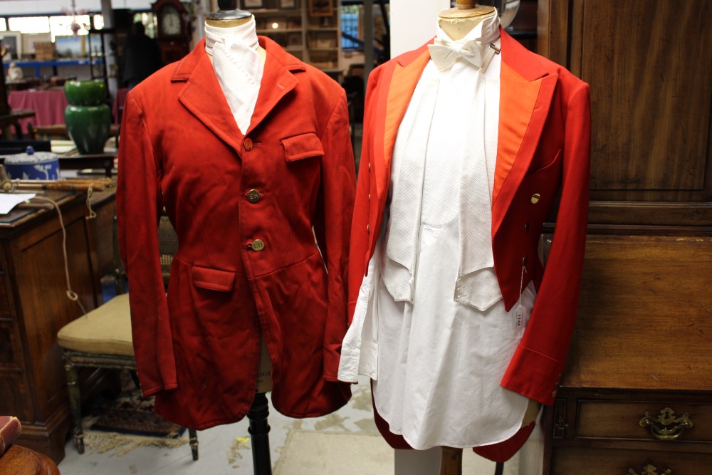 Gentlemen's scarlet hunt coat with brass Hunt buttons and a stock,