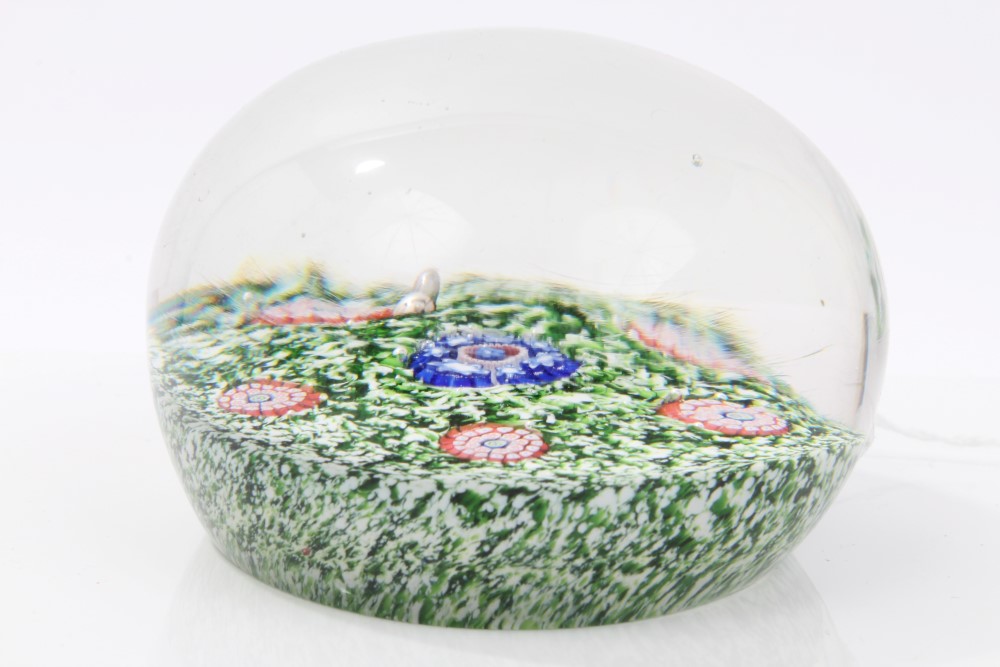 Mid-19th century French glass paperweight with pink and blue florettes on scrambled green and white - Image 2 of 3