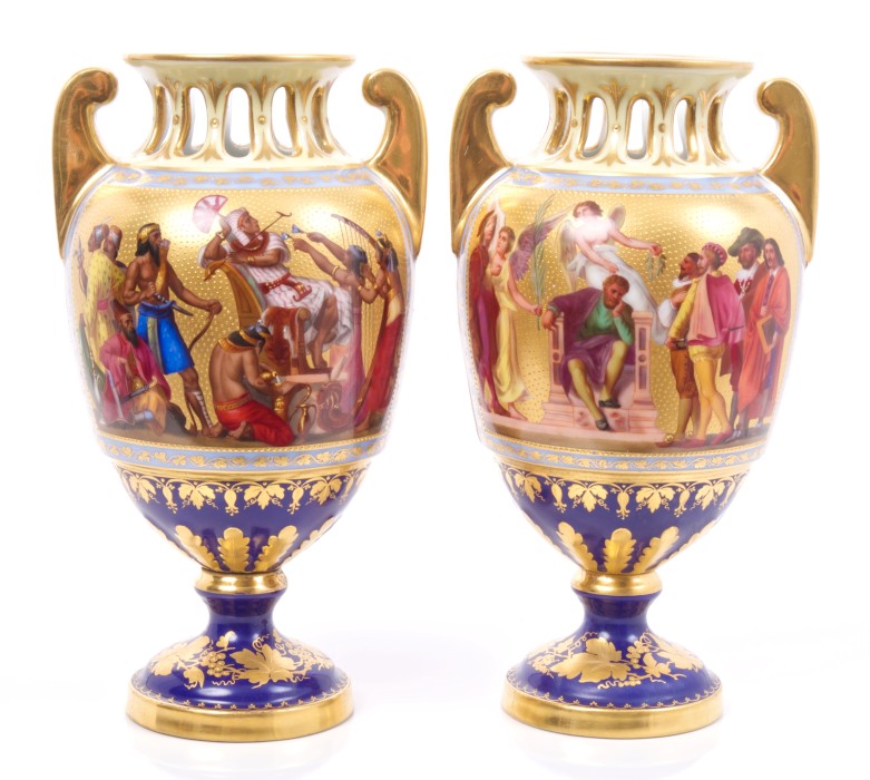 Fine pair 19th century Austrian Vienna porcelain vases with pierced collars and twin gilt scroll - Image 2 of 2