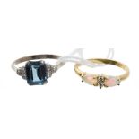 Gold (18ct) opal and diamond ring and an Art Deco blue stone and diamond ring,