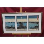 Japanese School, early 20th century triptych woodblock print - Views of Islands, seals,