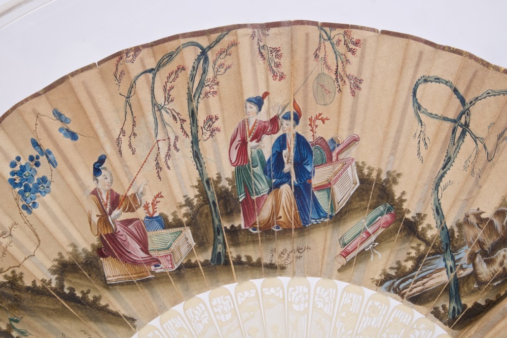 18th / 19th century Franco - Chinese carved ivory and painted paper fan, - Image 2 of 3