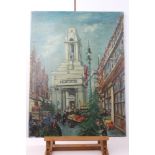 Peter Collins, oil on canvas - Street Traders, Long Acre, London, signed, 61cm x 46cm,