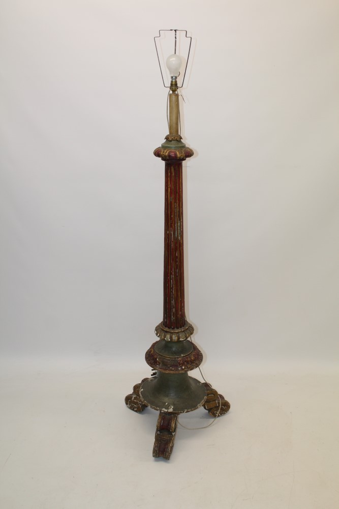 Antique Continental painted gesso standard lamp of knopped fluted form,