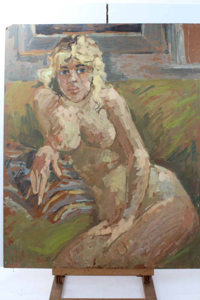 Peter Collins, oil on board - three-quarter length female nude study, 42cm x 36cm, - Image 4 of 8