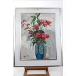 Peter Collins, oil on board - flowers in a blue vase, signed and dated '72, 59cm x 45cm,