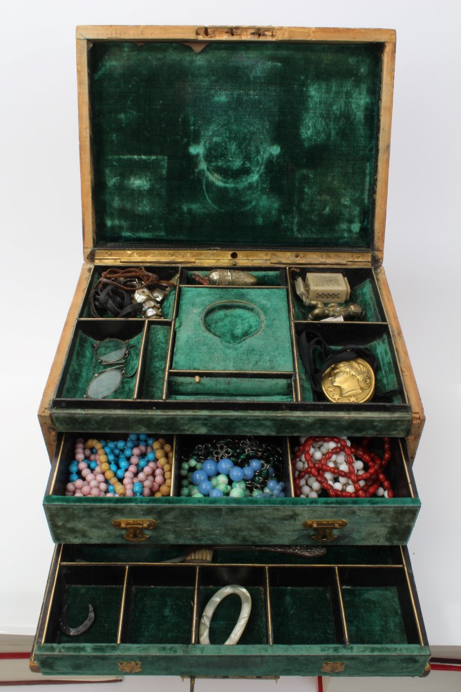 Large wooden Victorian jewellery box containing various items - including bead necklaces, - Image 3 of 4