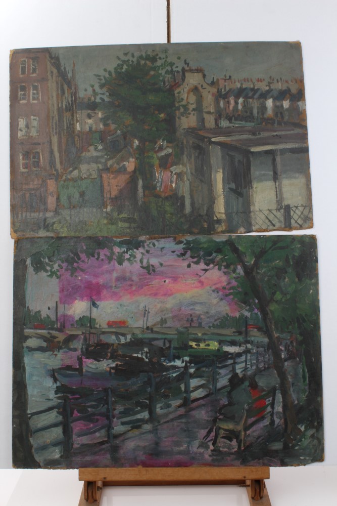 Peter Collins, oil on board - London street view, 50cm x 38cm, together with five other town views, - Image 2 of 5