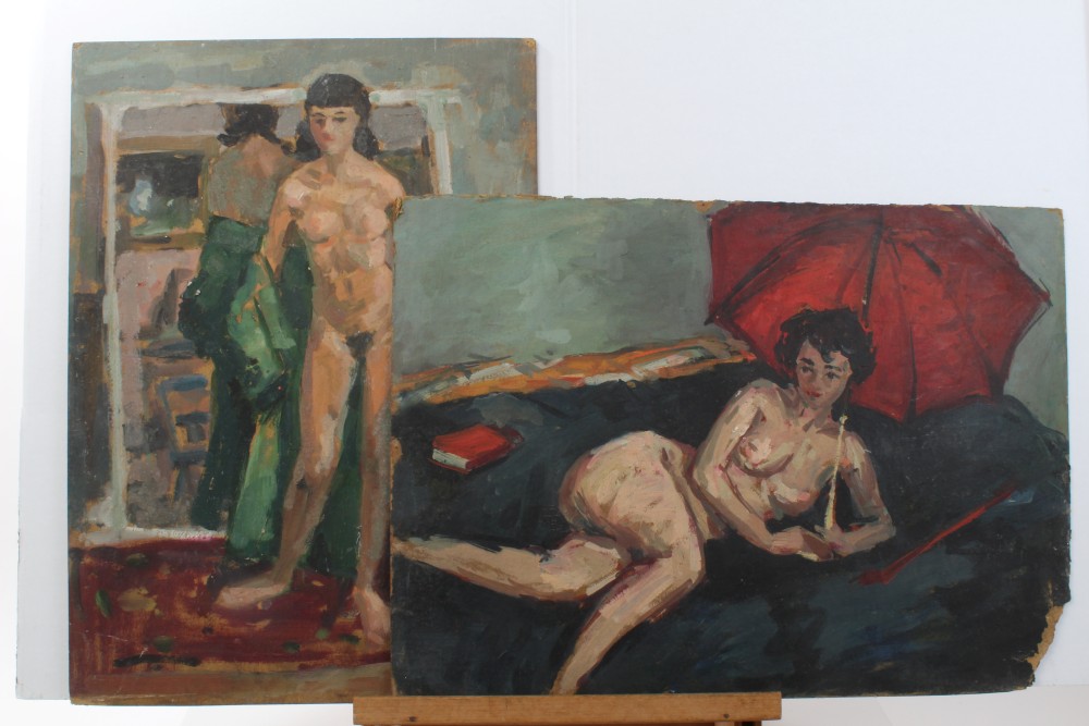 Peter Collins, oil on board - a female nude beside an easel, 57cm x 44cm, unframed, - Image 3 of 7