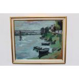 Peter Collins, oil on board - 'Bridge and boats, South of France', signed,