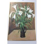 Peter Collins, oil on board - still life of lilies in a vase, 76cm x 60cm, framed,