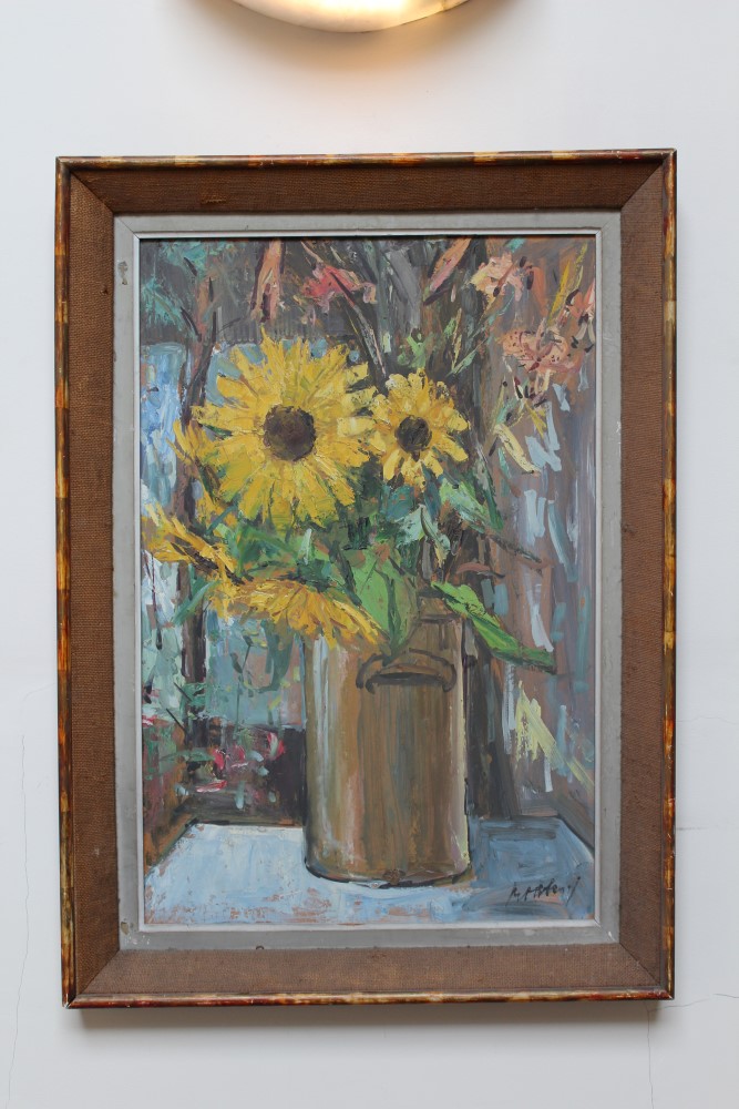 Peter Collins, oil on board - still life of sunflowers, signed, 77cm x 51cm,