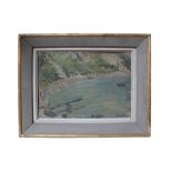 Peter Collins, oil on board - Lulworth Cove, signed, inscribed verso, 26cm x 36cm,