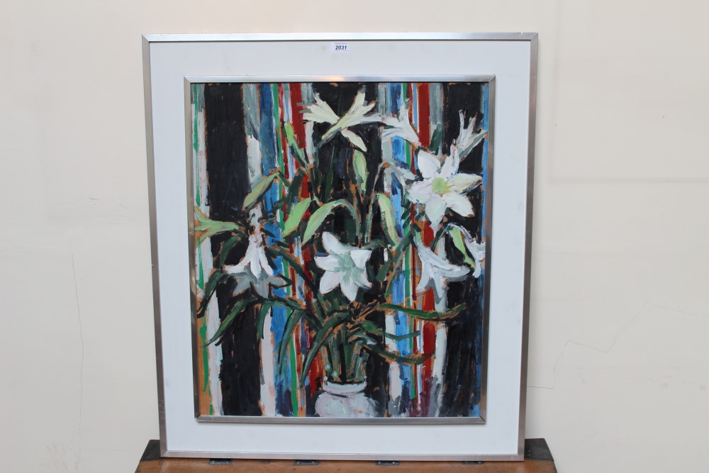 Peter Collins, oil on board - still life of lilies, 71cm x 60cm,