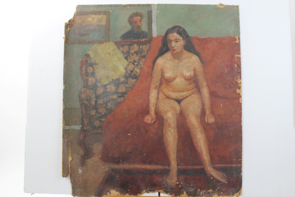Peter Collins, oil on board - a female nude beside an easel, 57cm x 44cm, unframed, - Image 6 of 7