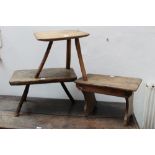 19th century oak primitive stool with rectangular solid plank top, on three splayed legs, 59cm wide,