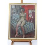 Peter Collins, oil on board - female nude in an interior, 50cm x 36cm,