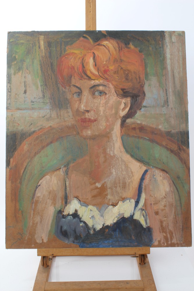Peter Collins, oil on board - portrait of a young lady, signed, 61cm x 51cm, unframed, - Image 7 of 13