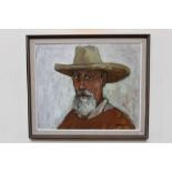 Peter Collins, oil on board - self portrait with wide brimmed hat, signed and dated '83,