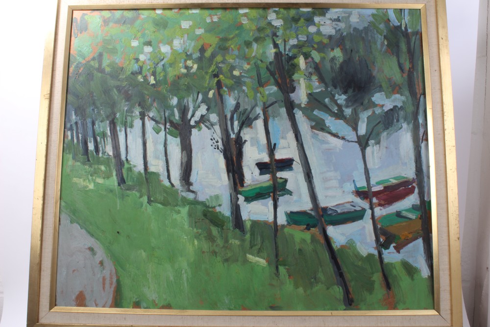 Peter Collins, oil on board - riverbank with boats, 62cm x 75cm, together with another river scene,