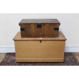 Victorian grained pine trunk with iron handles, 73cm wide,