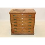 Victorian pine plan chest with six drawers - each with brass flush handles, on plinth base,