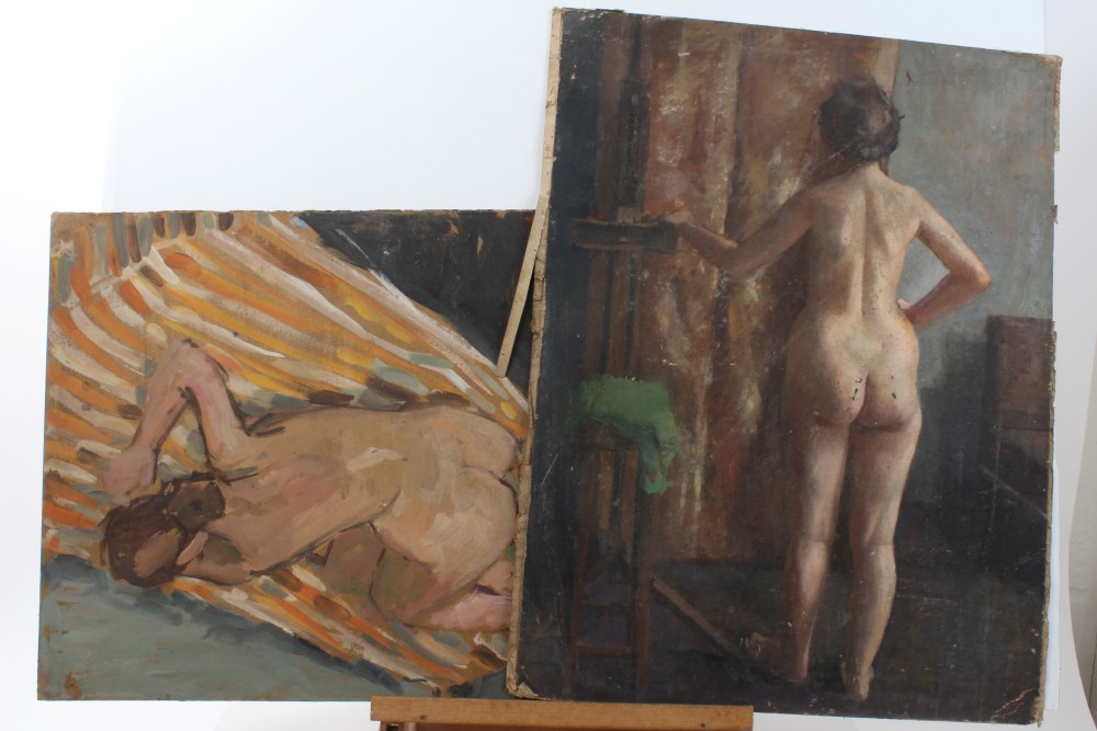 Peter Collins, oil on board - a female nude beside an easel, 57cm x 44cm, unframed,