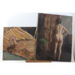 Peter Collins, oil on board - a female nude beside an easel, 57cm x 44cm, unframed,