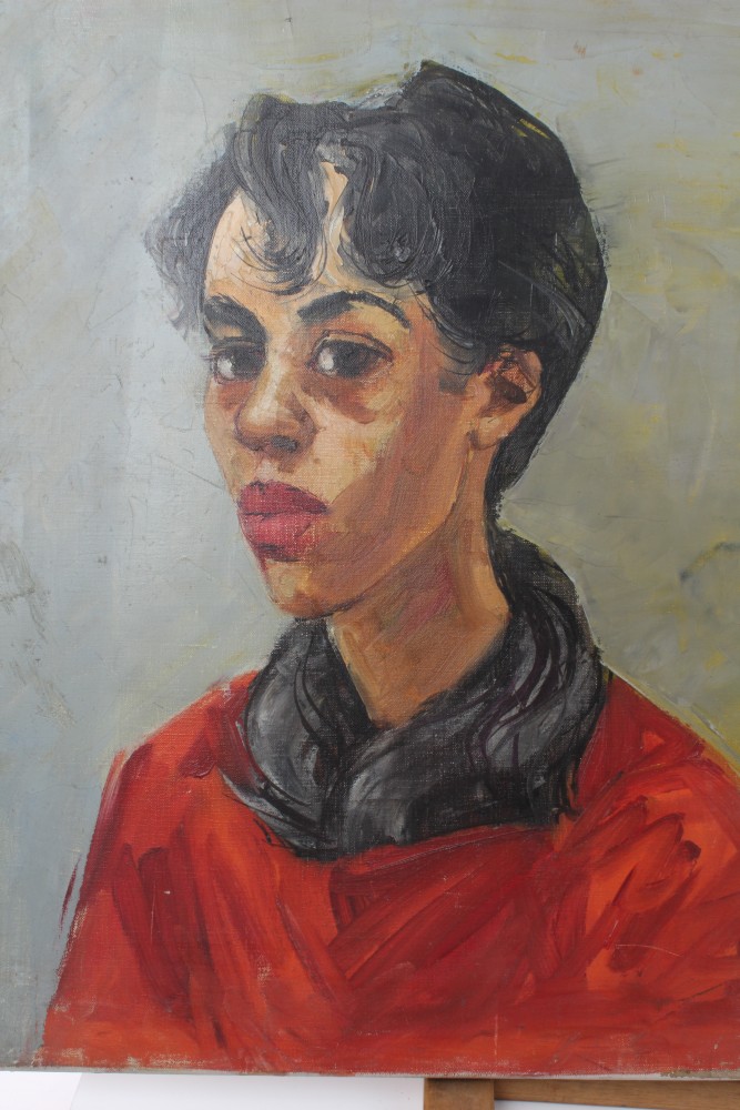 Peter Collins, oil on board - half-length portrait of a young lady, 60cm x 50cm, framed, - Image 4 of 7