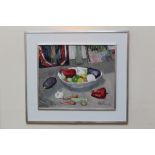 Peter Collins, oil on board - still life of vegetables in a dish, signed and dated '82, 50cm x 60cm,