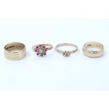 Four gold (9ct) rings to include two wedding bands,