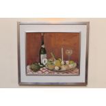 Peter Collins, oil on board - still life with fruit and vegetables with a bottle of wine,