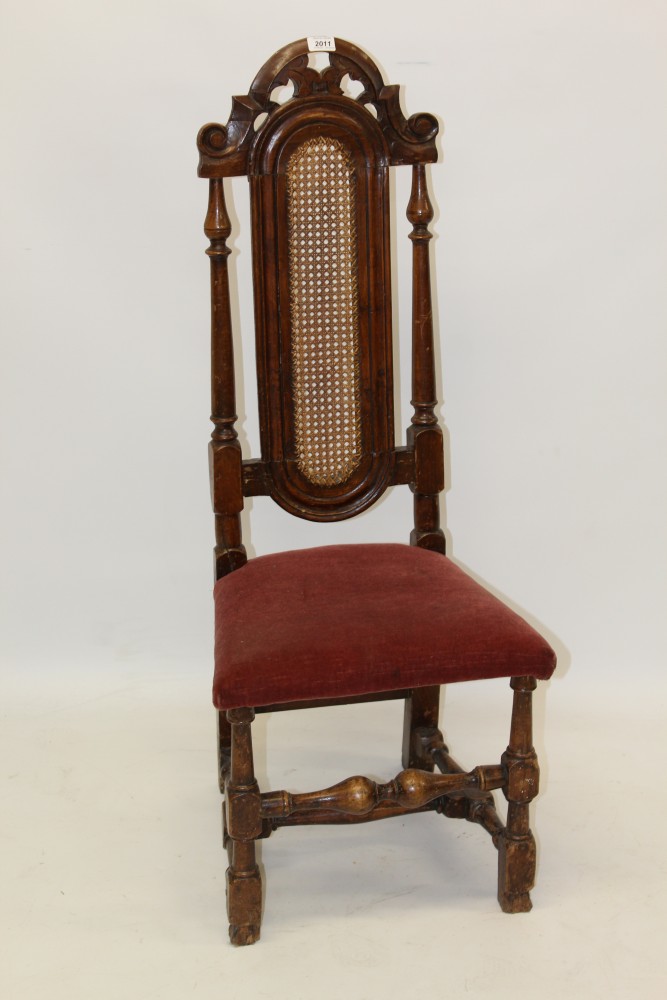 17th century beech high back dining chair with carved arched back,