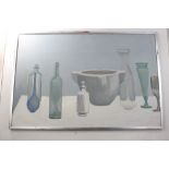 Peter Collins, oil on board - bottles and vases on a table top, 59cm x 90cm, framed,