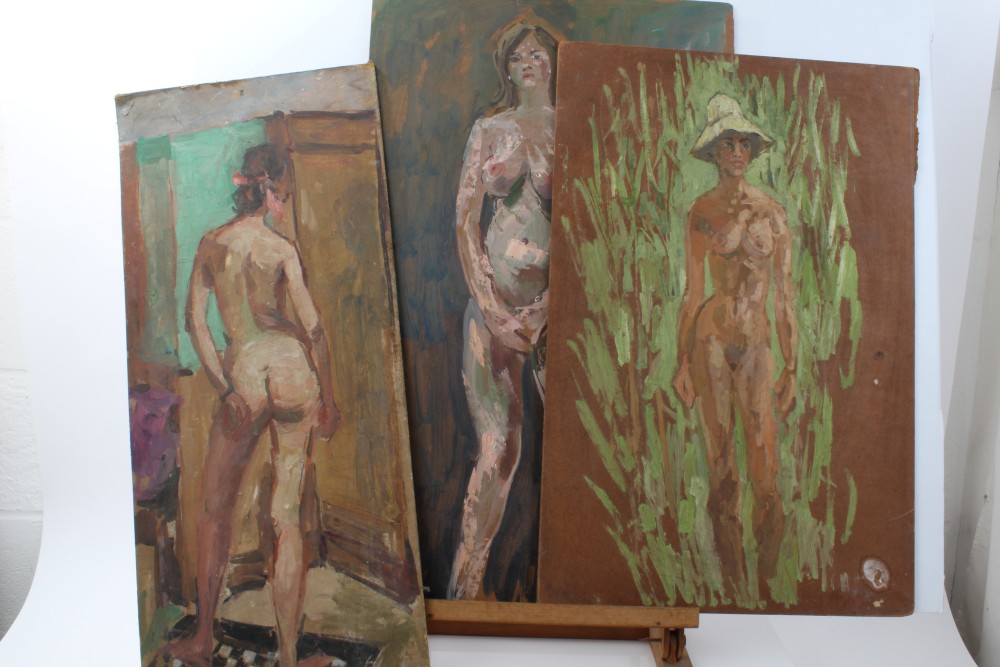 Peter Collins, oil on board - a female nude beside an easel, 57cm x 44cm, unframed, - Image 4 of 7
